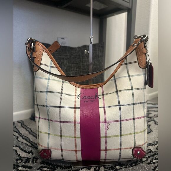 Coach Women's Plaid Tattersall Shoulder Bag - White and Pink - Picture 3 of 13